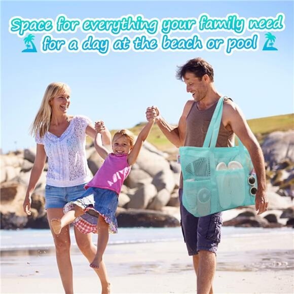 Mesh Beach Bag with Zipper Large Beach Tote Waterproof Sandproof with 8 Pockets - Picture 5 of 7